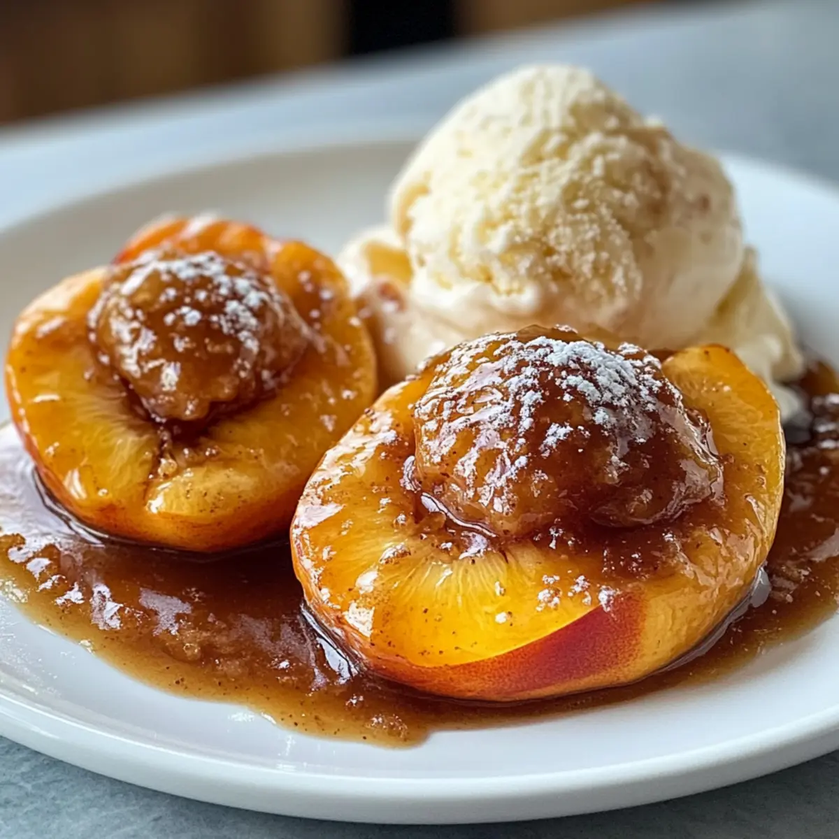 Gebackene Pfirsiche und Eiscreme mit braunem Zucker