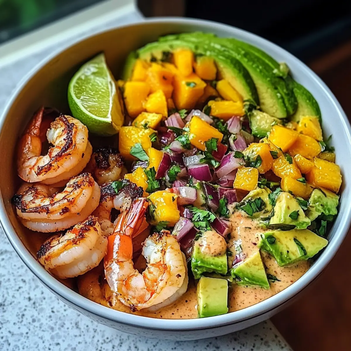 Garnelen- und Avocado-Schalen mit Mango-Salsa und Limetten-Chili-Sauce