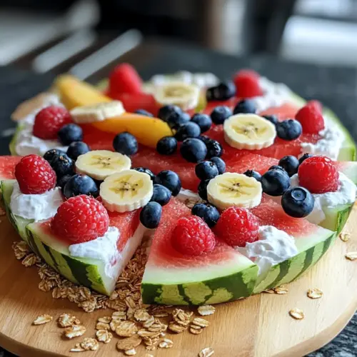 Wassermelonenpizza mit cremigem Joghurt und frischen Sommerfrüchten