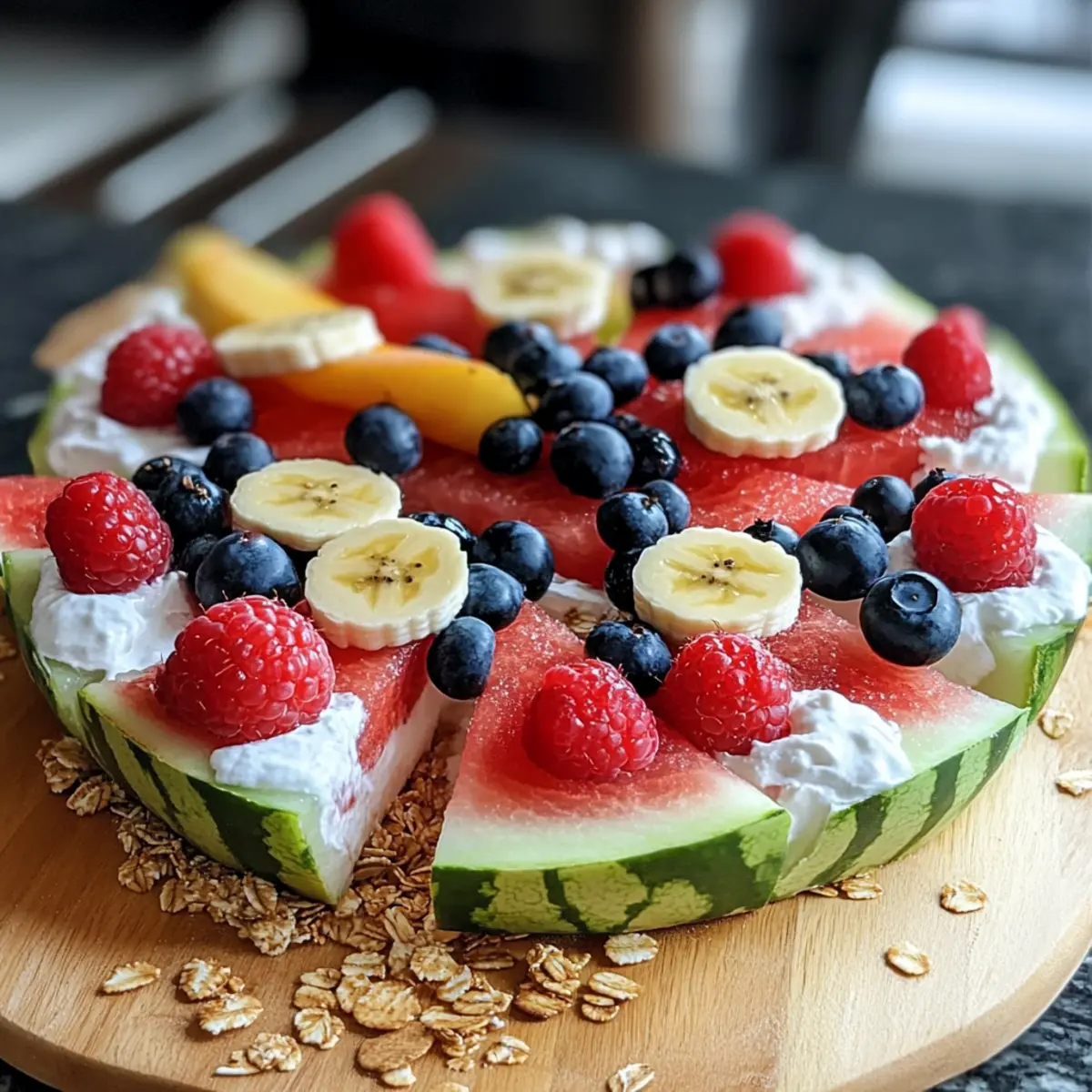 Wassermelonenpizza mit cremigem Joghurt und frischen Sommerfrüchten